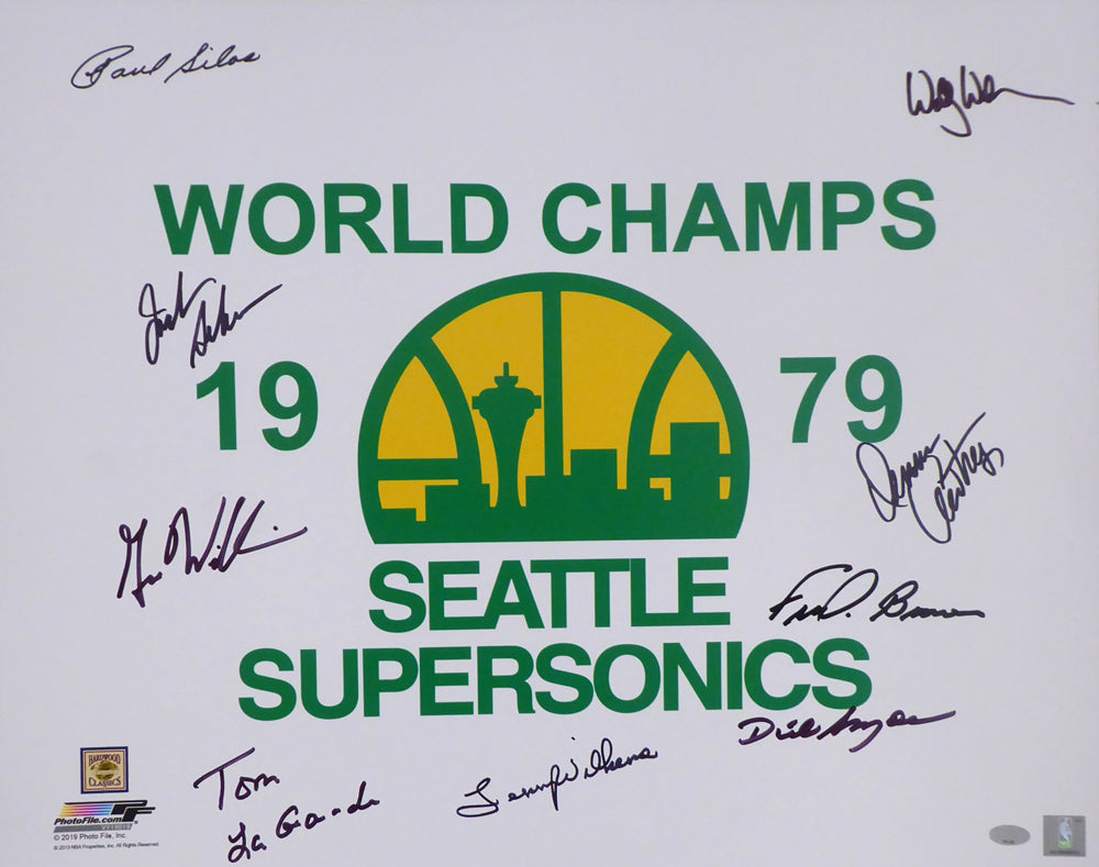 1978-79 NBA Champion Seattle Supersonics Autographed Framed 16x20 Photo Seattle Super Sonics With 9 Signatures Including Fred Brown & Lenny Wilkens MCS Holo Stock #256667