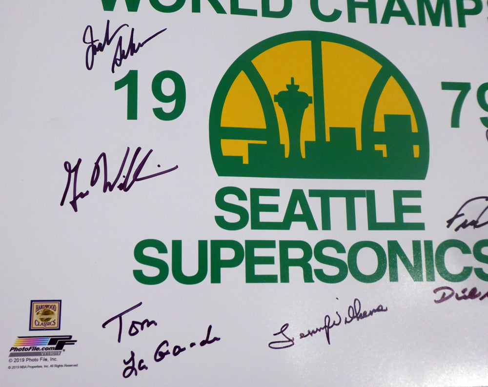 1978-79 NBA Champion Seattle Supersonics Autographed Framed 16x20 Photo Seattle Super Sonics With 9 Signatures Including Fred Brown & Lenny Wilkens MCS Holo Stock #256667