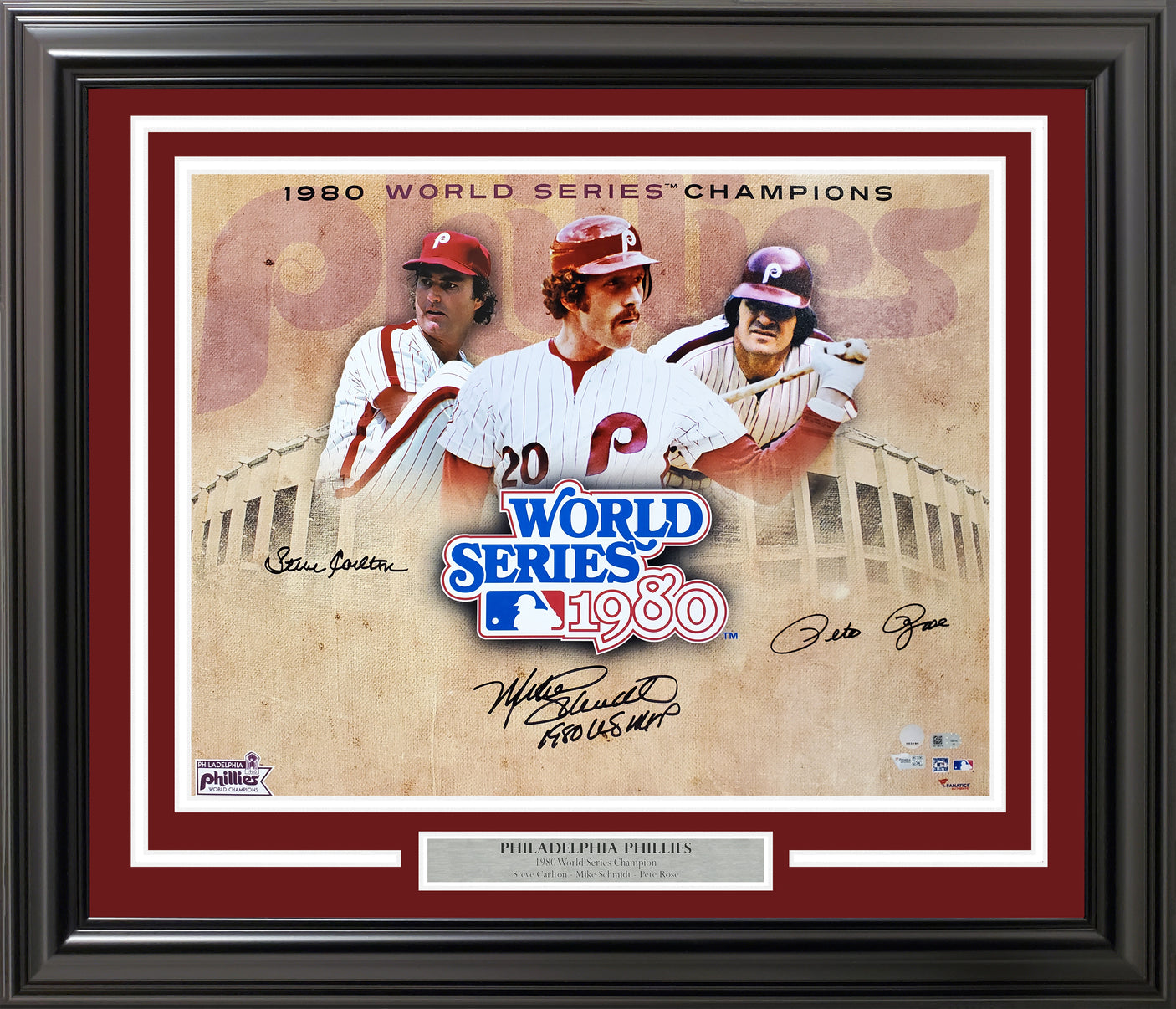 Mike Schmidt, Pete Rose & Steve Carlton Autographed Framed 16x20 Photo 1980 World Series Champion Philadelphia Phillies MLB Holo Stock #256668