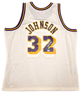 Los Angeles Lakers Magic Johnson Autographed Cream Authentic Mitchell & Ness 1984-85 Hardwood Classic Swingman Jersey Size XXL Beckett BAS Witness Stock #256706