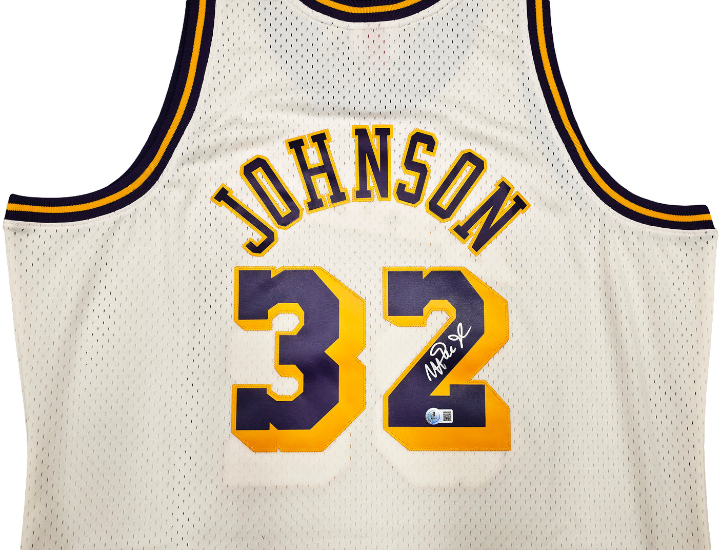 Los Angeles Lakers Magic Johnson Autographed Cream Authentic Mitchell & Ness 1984-85 Hardwood Classic Swingman Jersey Size XXL Beckett BAS Witness Stock #256706