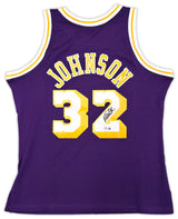 Los Angeles Lakers Magic Johnson Autographed Purple Authentic Mitchell & Ness 1984-85 Hardwood Classic Swingman Jersey Size L Beckett BAS Witness Stock #256707