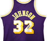 Los Angeles Lakers Magic Johnson Autographed Purple Authentic Mitchell & Ness 1984-85 Hardwood Classic Swingman Jersey Size XL Beckett BAS Witness Stock #256708