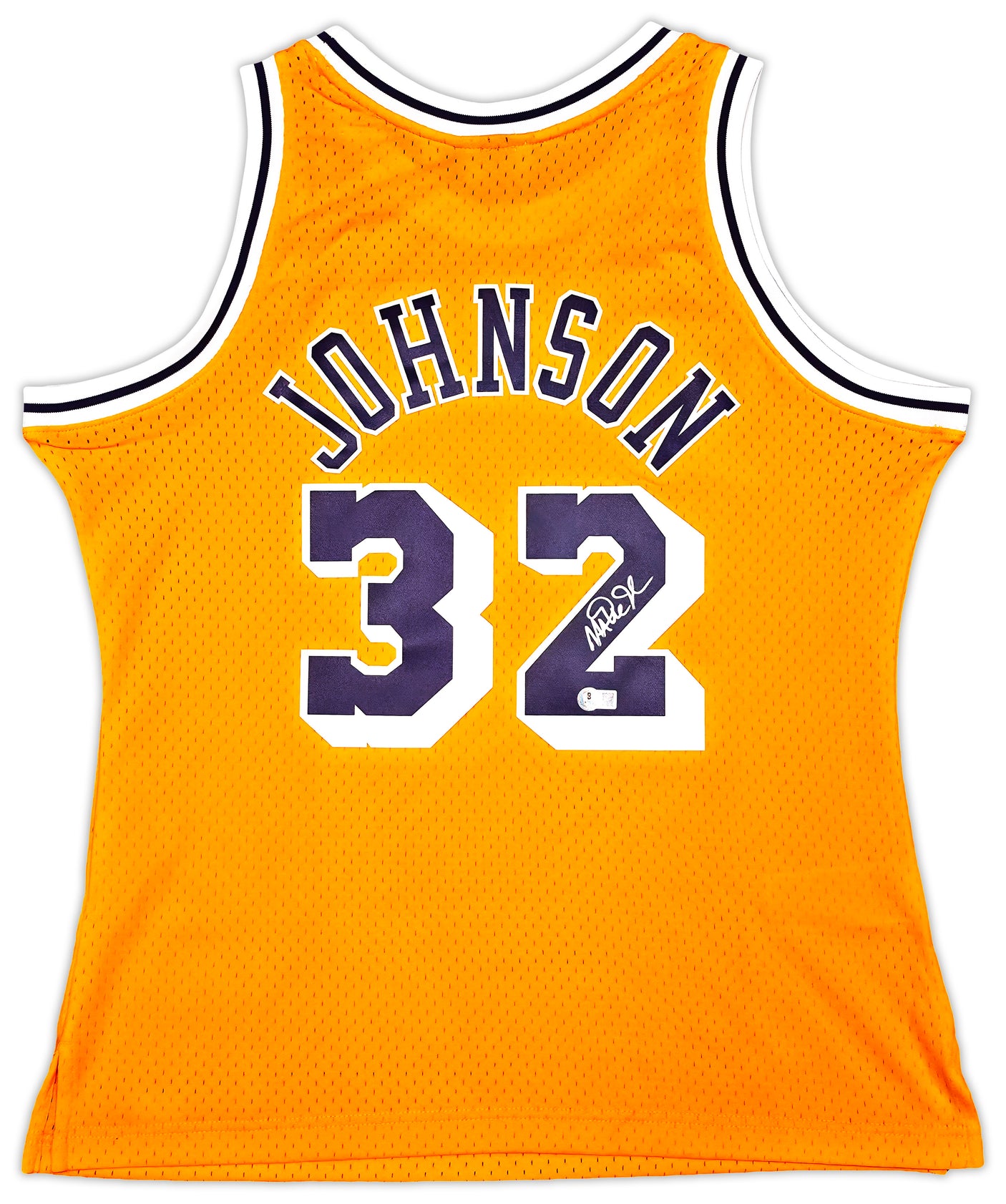 Los Angeles Lakers Magic Johnson Autographed Yellow Authentic Mitchell & Ness 1984-85 Hardwood Classic Swingman Jersey Size L Beckett BAS Witness Stock #256709