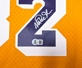 Los Angeles Lakers Magic Johnson Autographed Yellow Authentic Mitchell & Ness 1984-85 Hardwood Classic Swingman Jersey Size XL Beckett BAS Witness Stock #256710