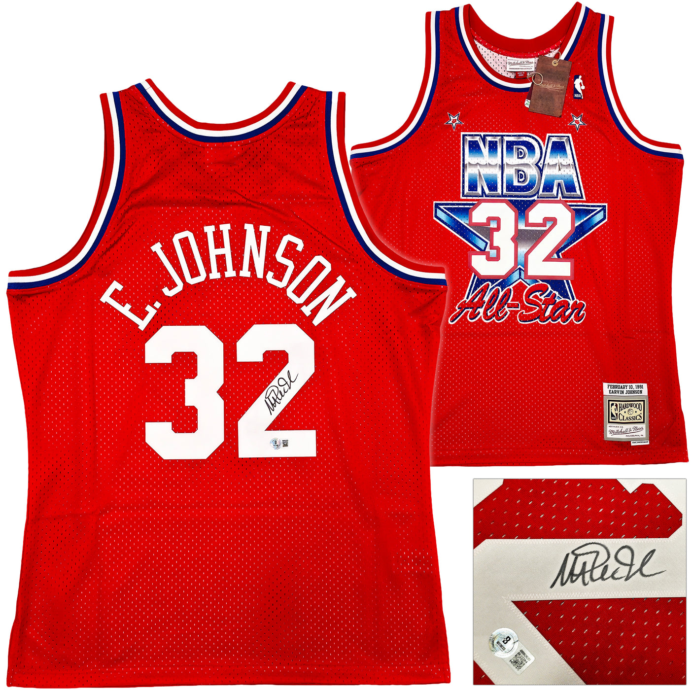 Los Angeles Lakers Magic Johnson Autographed Red Authentic Mitchell & Ness 1991 All Star Game Hardwood Classic Swingman Jersey Size L Beckett BAS Witness Stock #256711