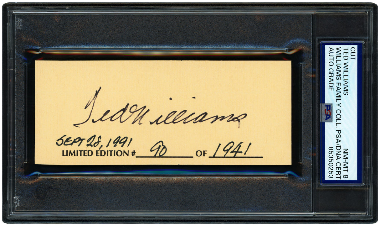 Ted Williams Autographed 2x5 Cut Signature Boston Red Sox Auto Grade Near Mint/Mint 8 LE #/1941 PSA/DNA Stock #256705