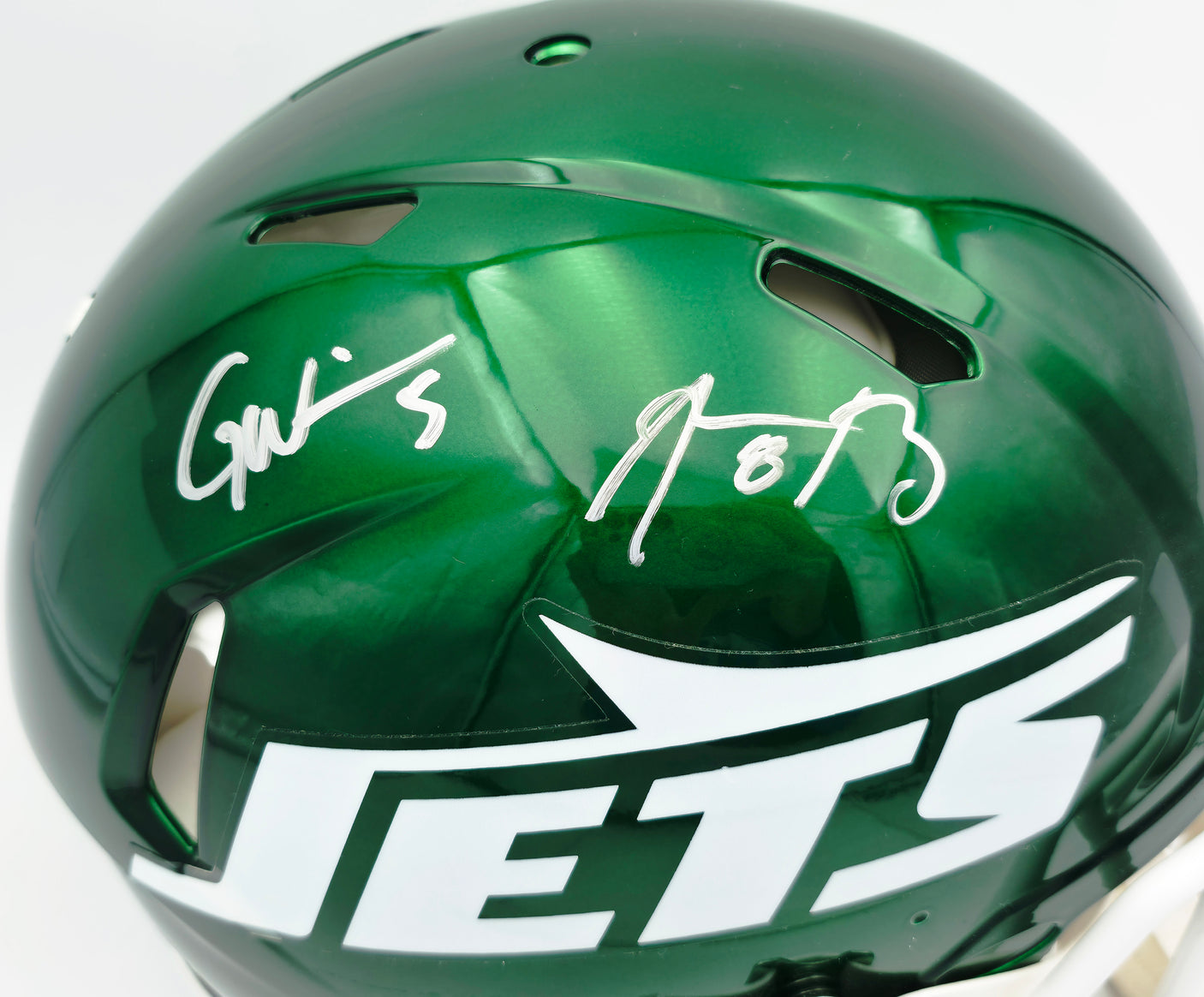 Aaron Rodgers & Garrett Wilson Autographed New York Jets 2024 Alternate Green Full Size Speed Authentic Helmet Fanatics Holo Stock #257003