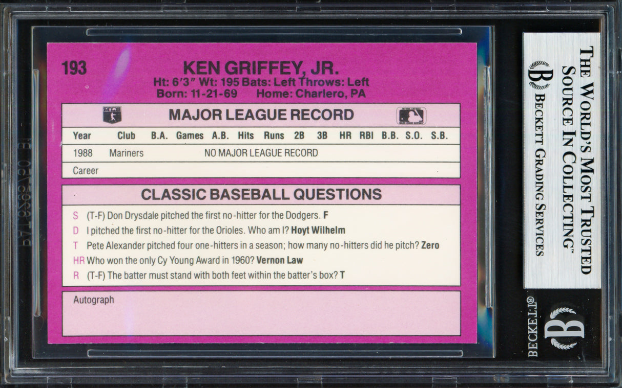 Ken Griffey Jr. Autographed 1989 Classic Travel Rookie Card #193 Seattle Mariners Beckett BAS Stock #257220