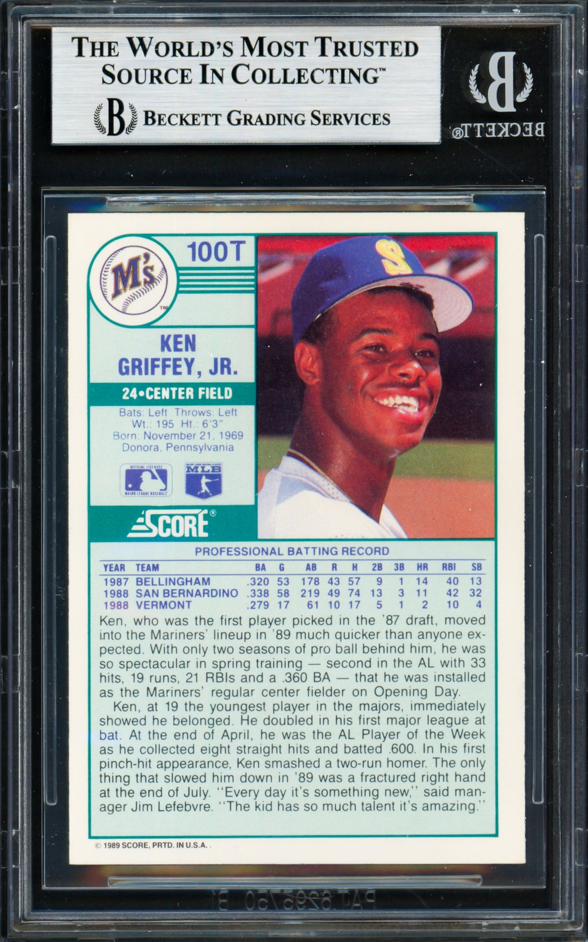Ken Griffey Jr. Autographed 1989 Score Traded Rookie Card #100T Seattle Mariners Beckett BAS Stock #257222