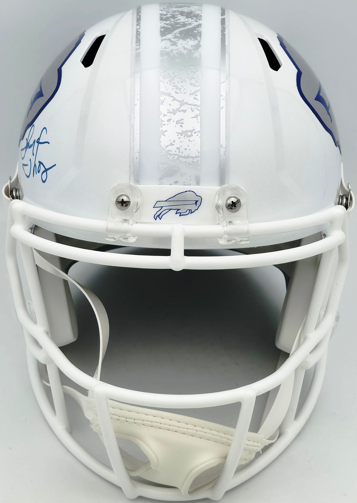 Jim Kelly, Thurman Thomas & Andre Reed Autographed Buffalo Bills Rivalries White Full Size Replica Speed Helmet Beckett BAS Witness Stock #256869
