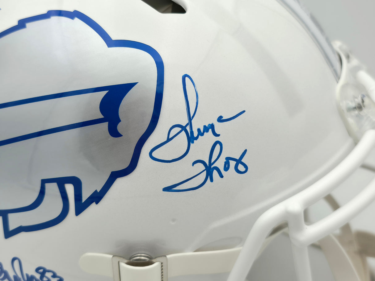 Jim Kelly, Thurman Thomas & Andre Reed Autographed Buffalo Bills Rivalries White Full Size Authentic Speed Helmet Beckett BAS Witness Stock #256870