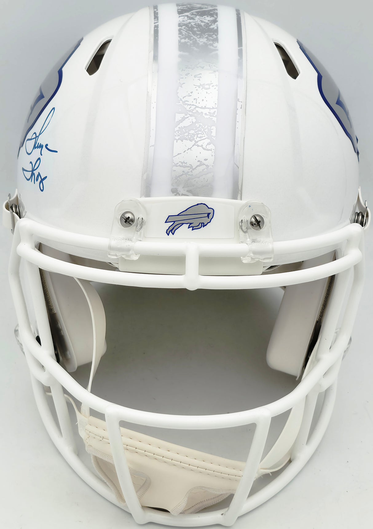 Jim Kelly, Thurman Thomas & Andre Reed Autographed Buffalo Bills Rivalries White Full Size Authentic Speed Helmet Beckett BAS Witness Stock #256870