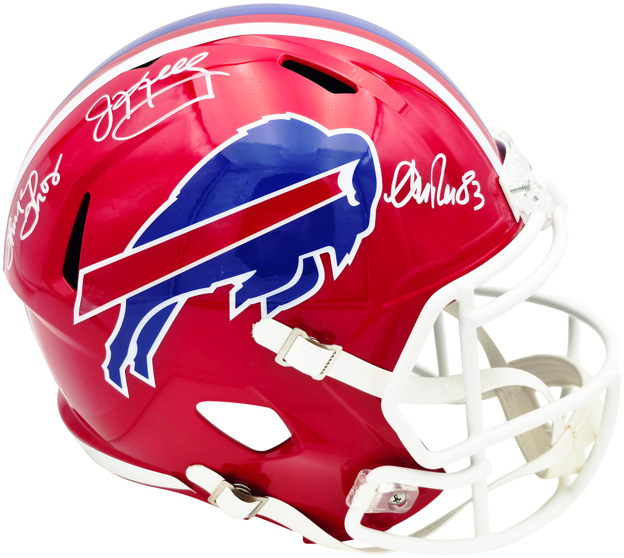 Jim Kelly, Thurman Thomas & Andre Reed Autographed Buffalo Bills Red Full Size Replica Speed Helmet Beckett BAS Witness Stock #256871