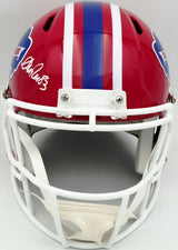 Jim Kelly, Thurman Thomas & Andre Reed Autographed Buffalo Bills Red Full Size Replica Speed Helmet Beckett BAS Witness Stock #256871