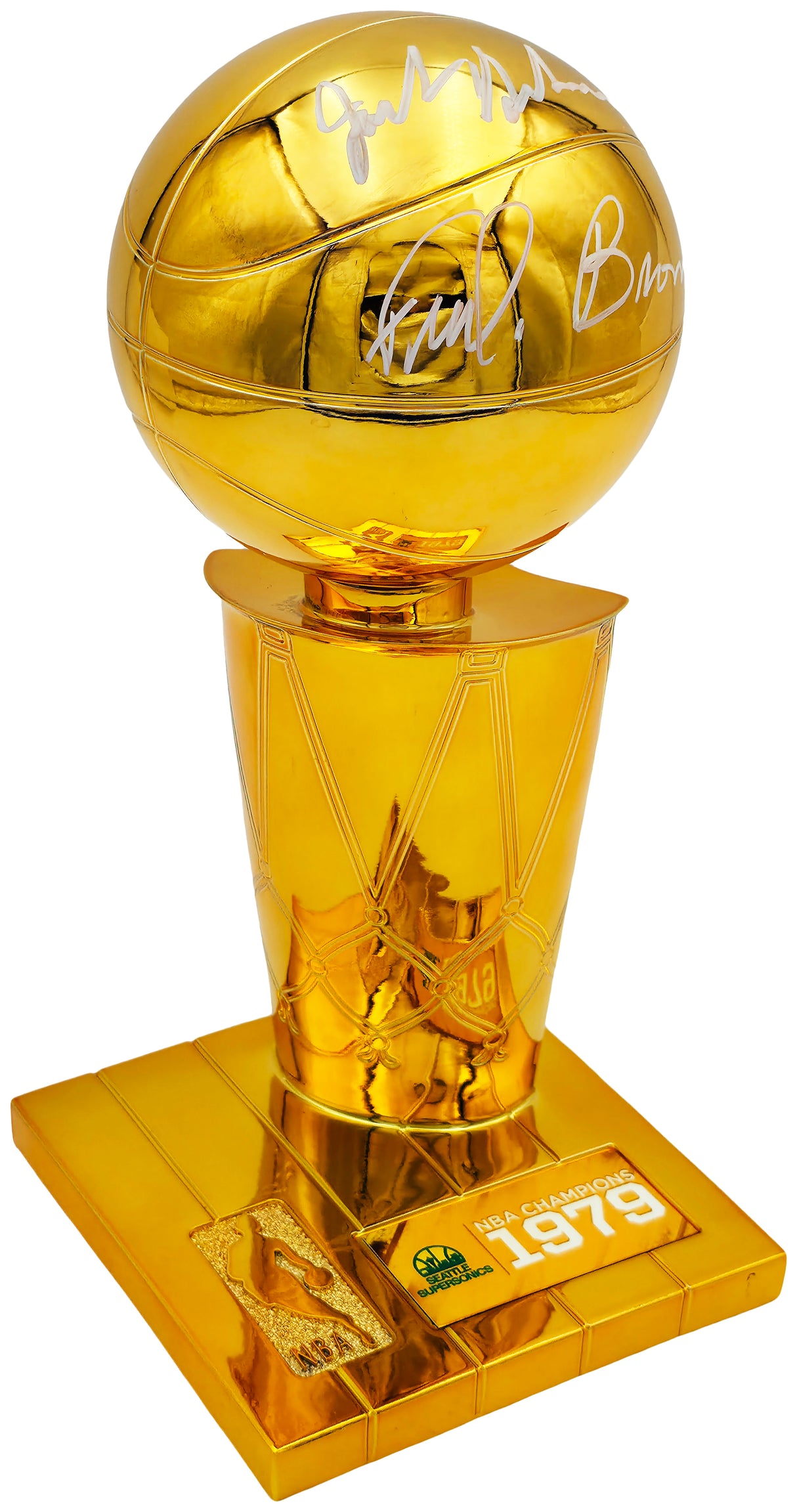 Jack Sikma & Fred Brown Autographed Fanatics 1978-79 NBA Champions Logo Mini Trophy Seattle Supersonics MCS Holo Stock #256896