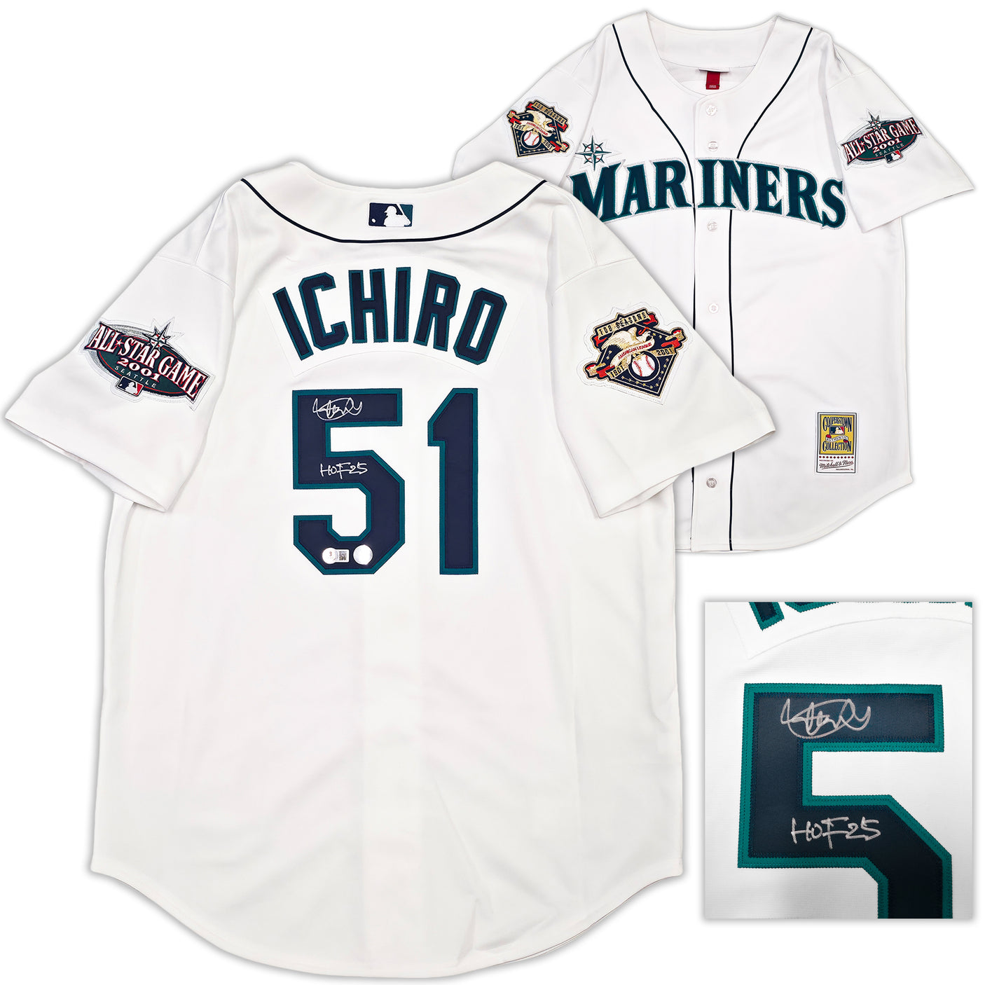 Seattle Mariners Ichiro Suzuki Autographed White Authentic Mitchell & Ness Cooperstown Authentic Collection 2001 ASG Patch Rookie Jersey Size 44 "HOF 25" IS Holo & Beckett BAS Witness Stock #256856