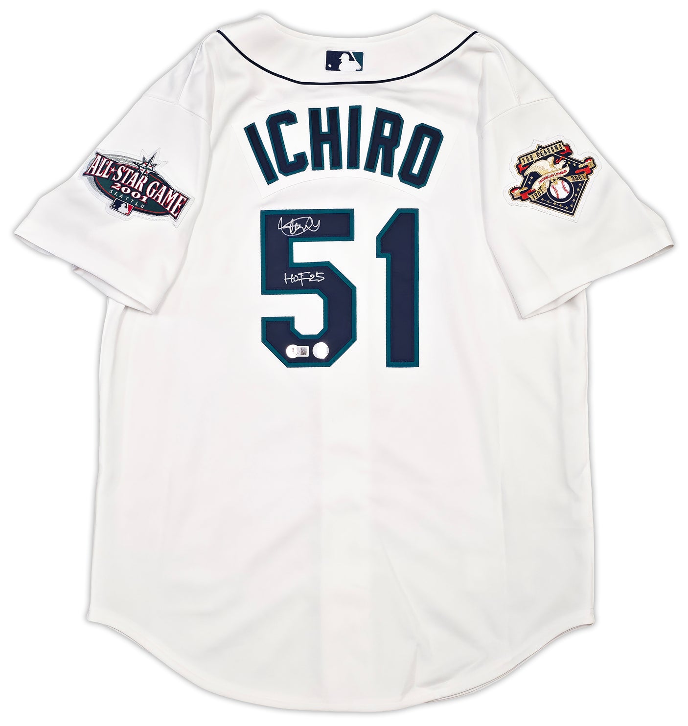 Seattle Mariners Ichiro Suzuki Autographed White Authentic Mitchell & Ness Cooperstown Authentic Collection 2001 ASG Patch Rookie Jersey Size 44 "HOF 25" IS Holo & Beckett BAS Witness Stock #256856