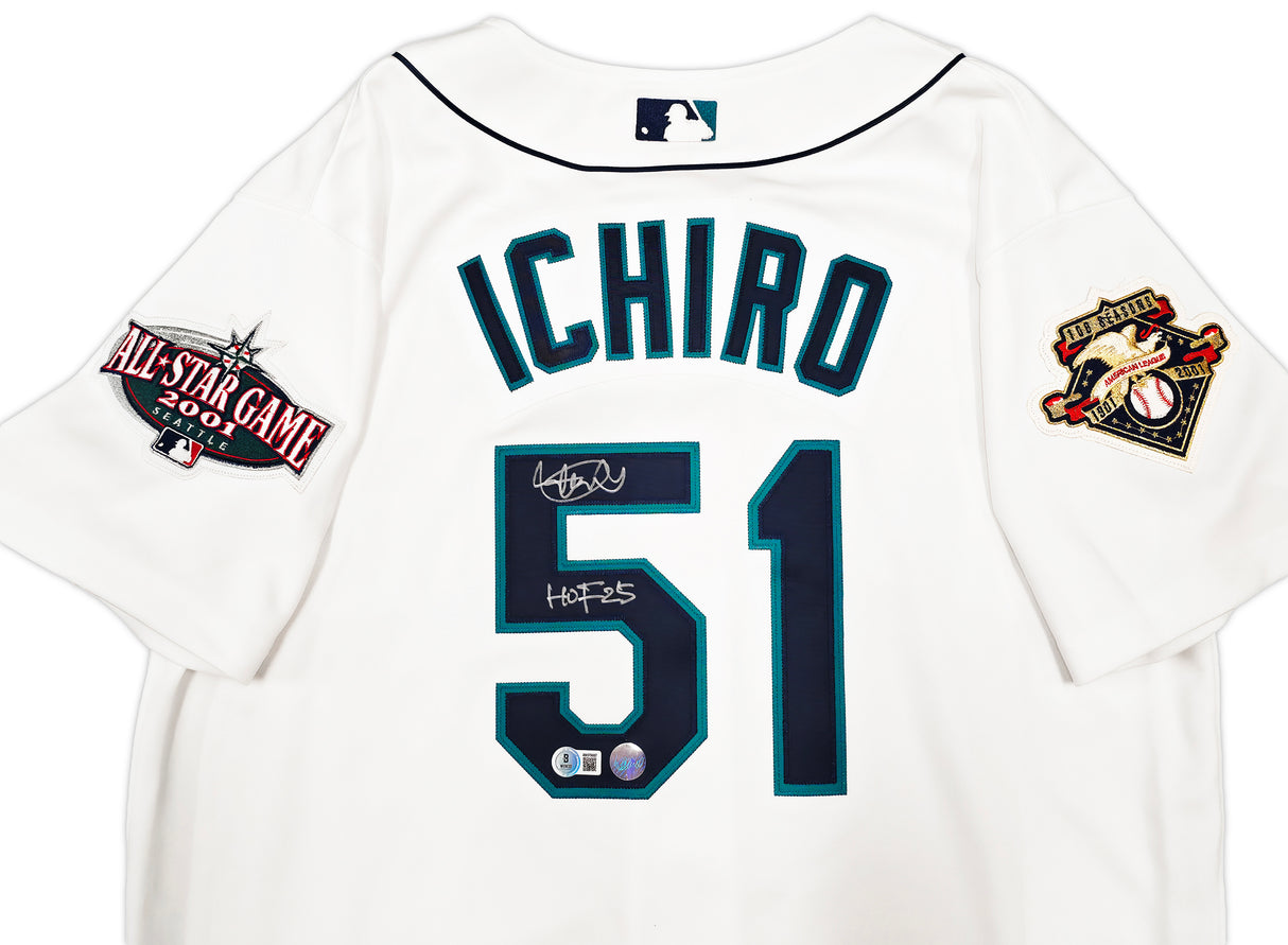 Seattle Mariners Ichiro Suzuki Autographed White Authentic Mitchell & Ness Cooperstown Authentic Collection 2001 ASG Patch Rookie Jersey Size 44 "HOF 25" IS Holo & Beckett BAS Witness Stock #256856