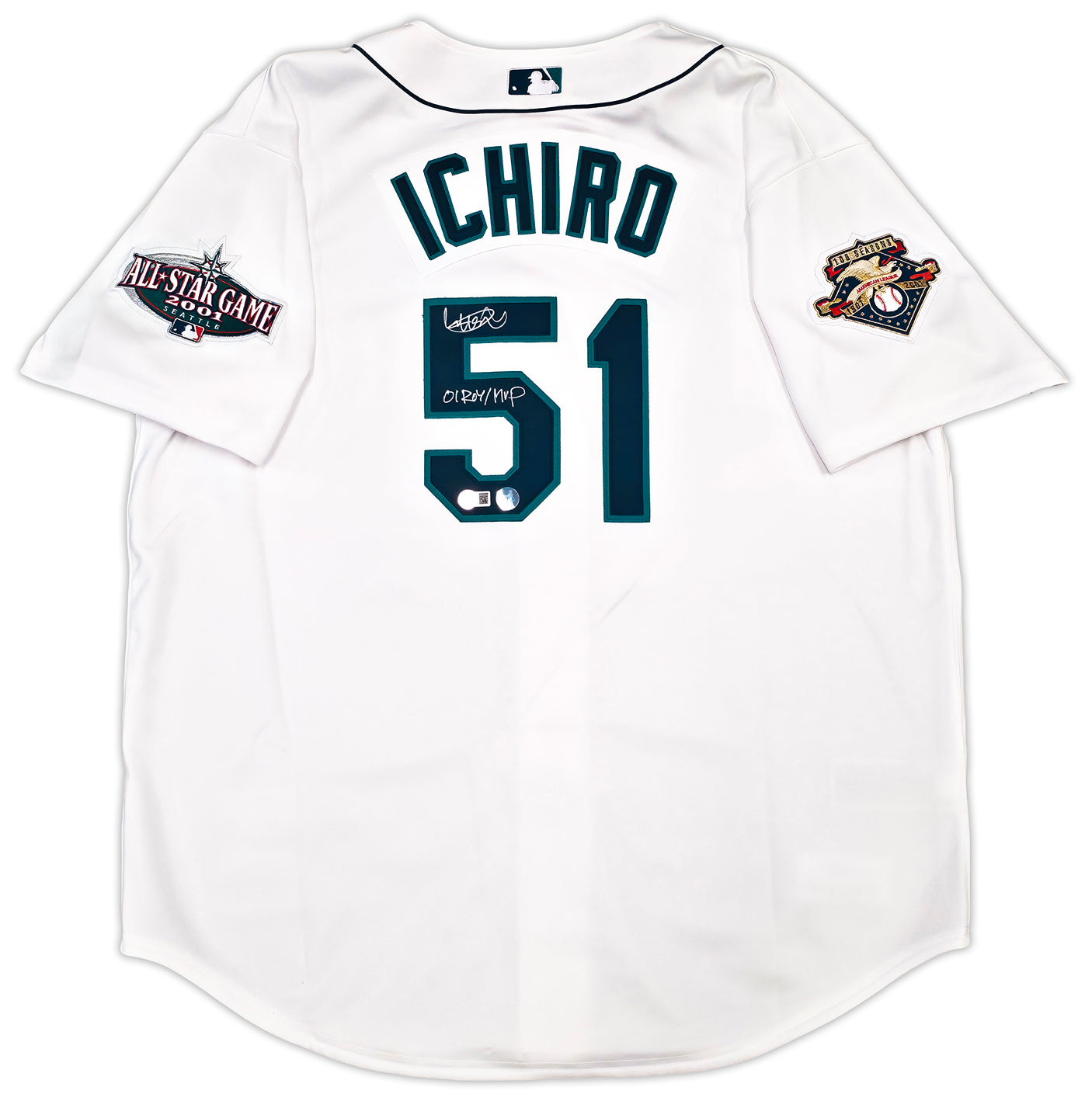 Seattle Mariners Ichiro Suzuki Autographed White Authentic Mitchell & Ness Cooperstown Authentic Collection 2001 ASG Patch Rookie Jersey Size 52 "01 ROY/MVP" IS Holo & Beckett BAS Witness Stock #256851