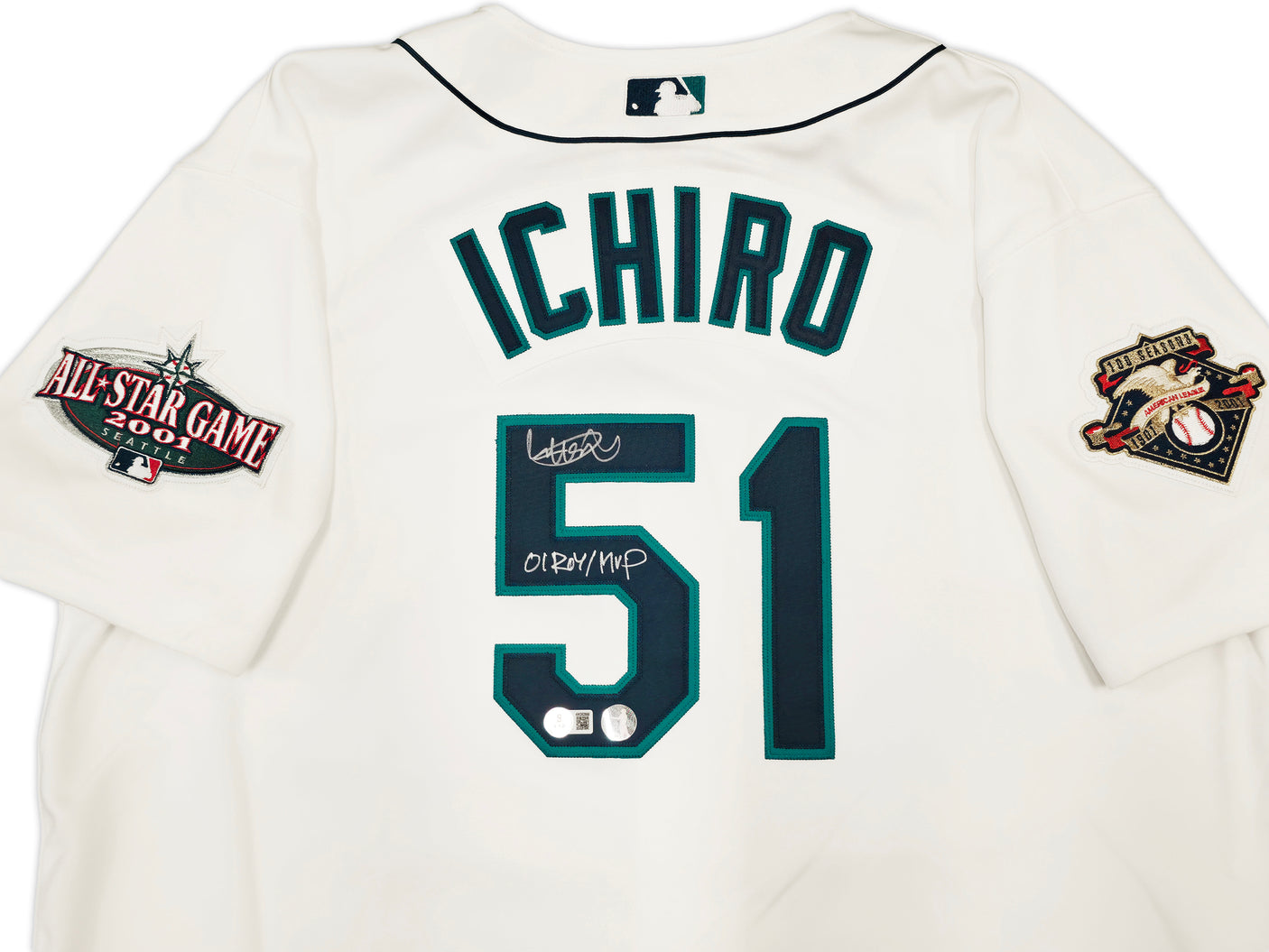 Seattle Mariners Ichiro Suzuki Autographed White Authentic Mitchell & Ness Cooperstown Authentic Collection 2001 ASG Patch Rookie Jersey Size 52 "01 ROY/MVP" IS Holo & Beckett BAS Witness Stock #256851
