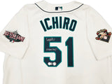 Seattle Mariners Ichiro Suzuki Autographed White Authentic Mitchell & Ness Cooperstown Authentic Collection 2001 ASG Patch Rookie Jersey Size 52 "01 ROY/MVP" IS Holo & Beckett BAS Witness Stock #256851
