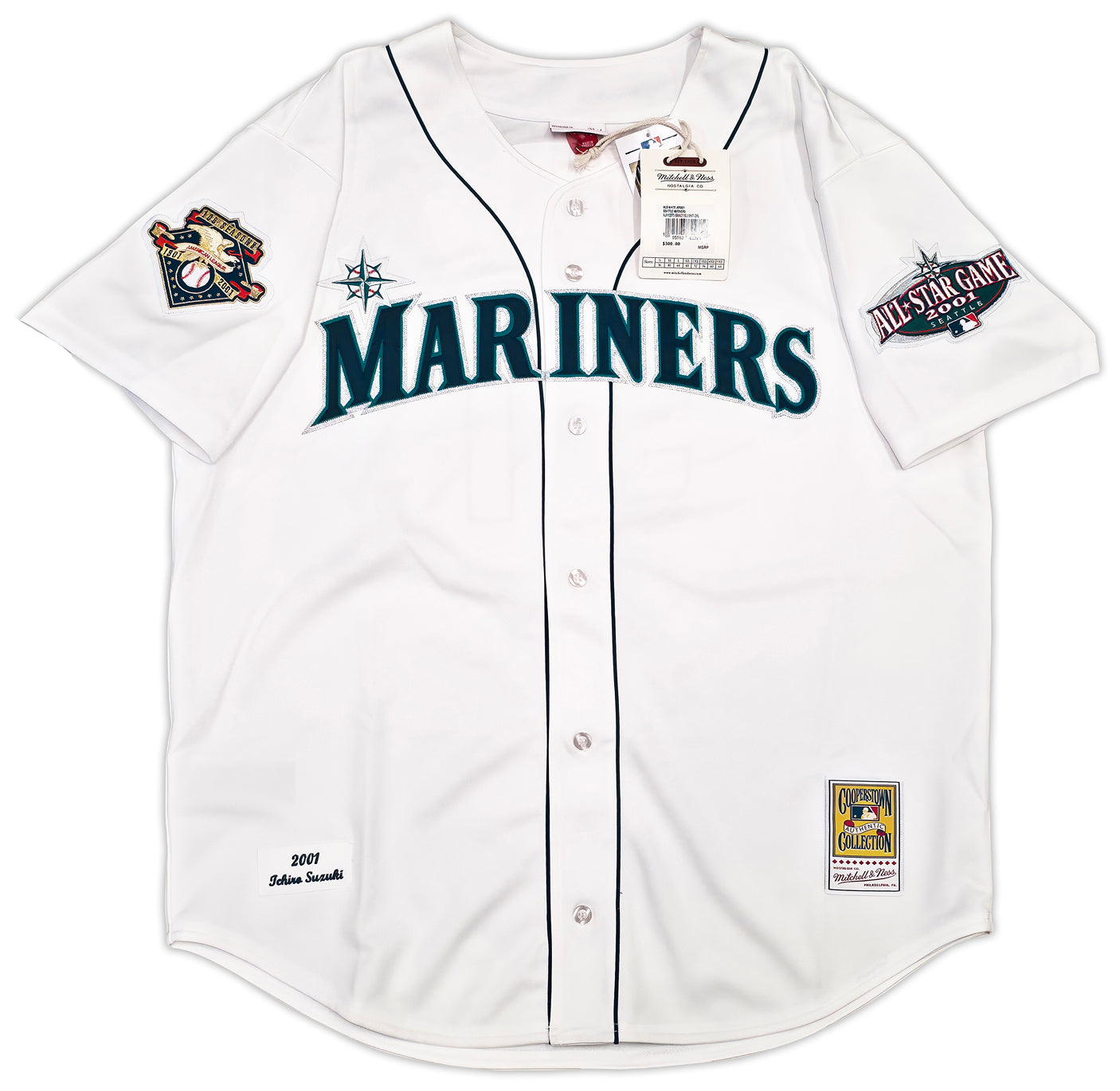 Seattle Mariners Ichiro Suzuki Autographed White Authentic Mitchell & Ness Cooperstown Authentic Collection 2001 ASG Patch Rookie Jersey Size 52 "01 ROY/MVP" IS Holo & Beckett BAS Witness Stock #256851