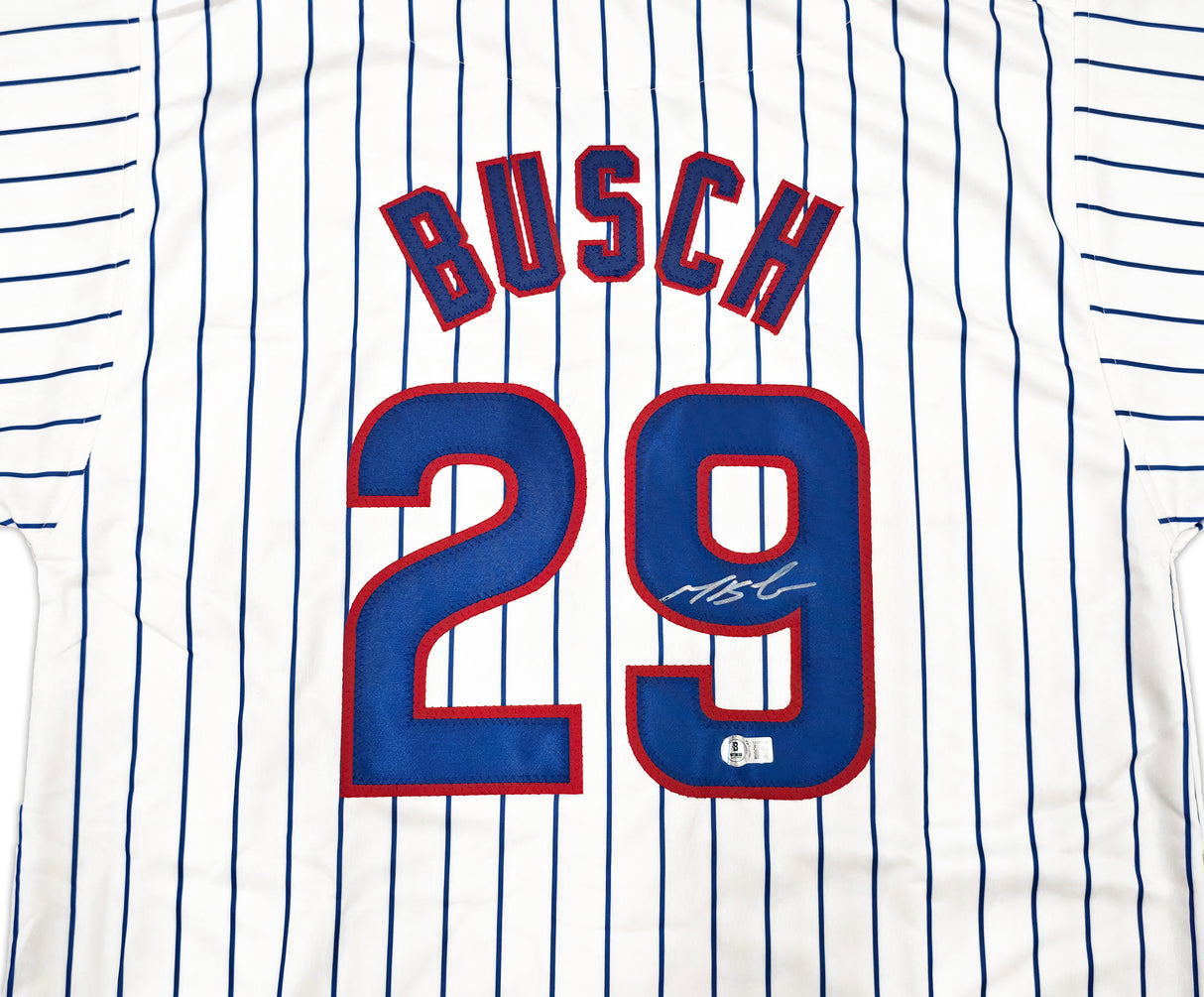 Chicago Cubs Michael Busch Autographed White Pinstripes Jersey Beckett BAS Witness Stock #256912
