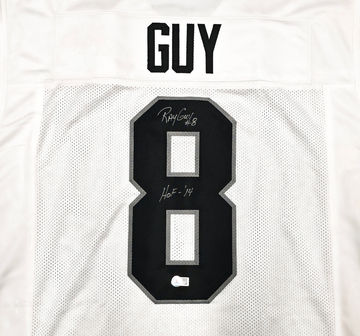 Oakland Raiders Ray Guy Autographed White Jersey "HOF 14" Beckett BAS QR Stock #256904