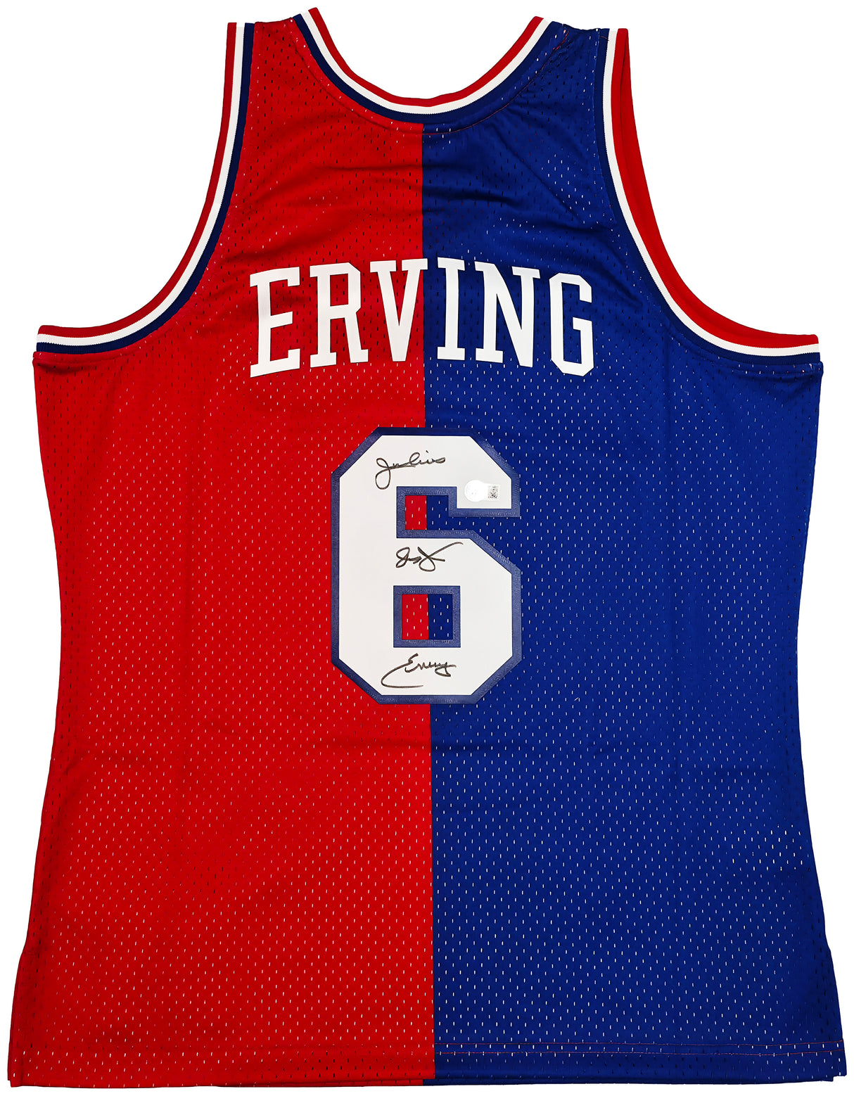 Philadelphia 76ers Julius "Dr. J" Erving Autographed Red & Blue Authentic Mitchell & Ness 1982-83 HWC Swingman Jersey Size L Beckett BAS Witness Stock #253699