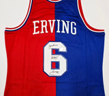 Philadelphia 76ers Julius "Dr. J" Erving Autographed Red & Blue Authentic Mitchell & Ness 1982-83 HWC Swingman Jersey Size L Beckett BAS Witness Stock #253699