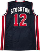 Team USA John Stockton Autographed Blue Jersey Beckett BAS Witness Stock #256901