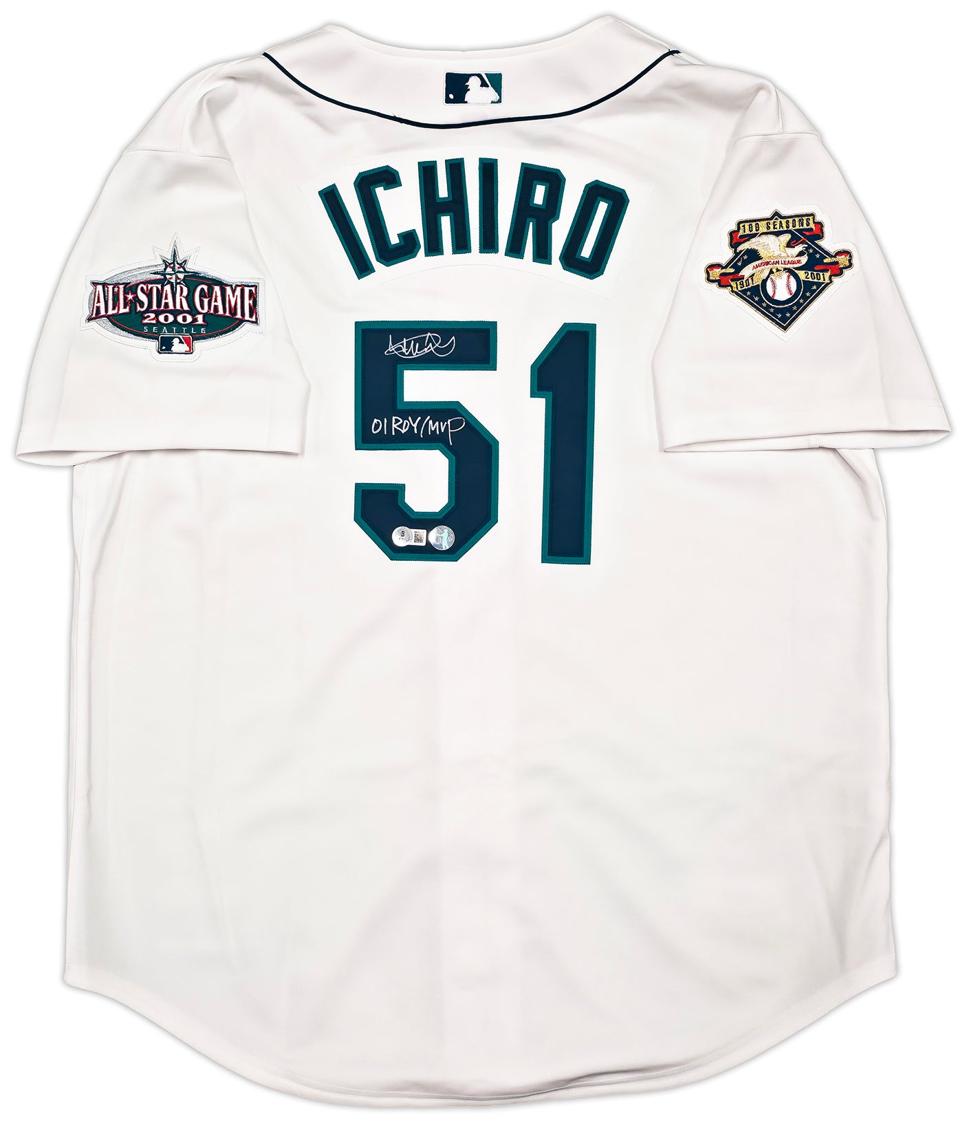 Seattle Mariners Ichiro Suzuki Autographed White Authentic Mitchell & Ness Cooperstown Authentic Collection 2001 ASG Patch Rookie Jersey Size 44 "01 ROY/MVP" IS Holo & Beckett BAS Witness Stock #256853