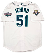 Seattle Mariners Ichiro Suzuki Autographed White Authentic Mitchell & Ness Cooperstown Authentic Collection 2001 ASG Patch Rookie Jersey Size 44 "01 ROY/MVP" IS Holo & Beckett BAS Witness Stock #256853