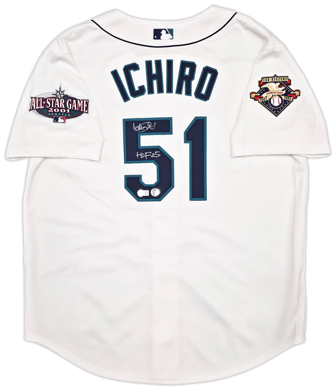 Seattle Mariners Ichiro Suzuki Autographed White Authentic Mitchell & Ness Cooperstown Authentic Collection 2001 ASG Patch Rookie Jersey Size 48 "HOF 25" IS Holo & Beckett BAS Witness Stock #256855