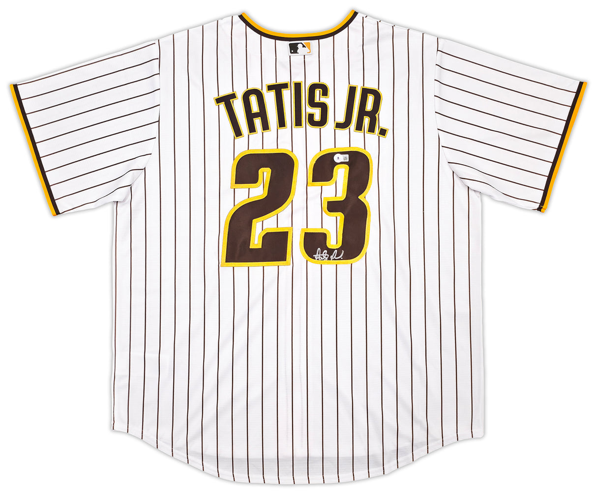 San Diego Padres Fernando Tatis Jr. Autographed White Pinstripes Nike Jersey Size XL Beckett BAS Witness Stock #256875