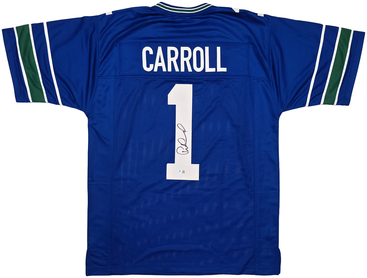 Seattle Seahawks Pete Carroll Autographed Blue Jersey Beckett BAS QR Stock #256902