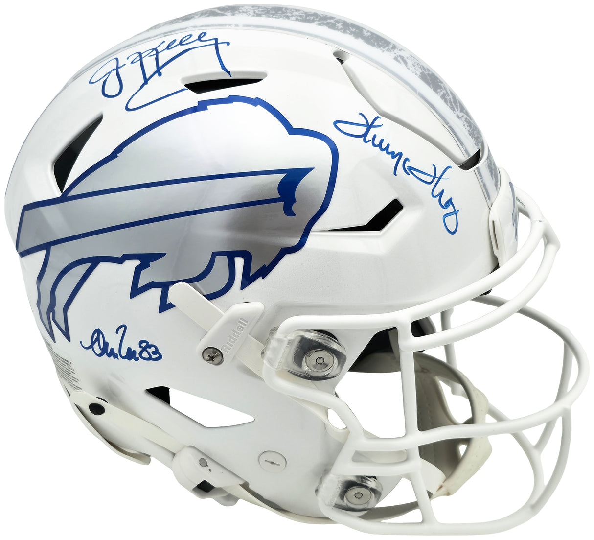 Jim Kelly, Thurman Thomas & Andre Reed Autographed Buffalo Bills Rivalries White Full Size Authentic Hyper Speed Flex Helmet Beckett BAS Witness Stock #256868