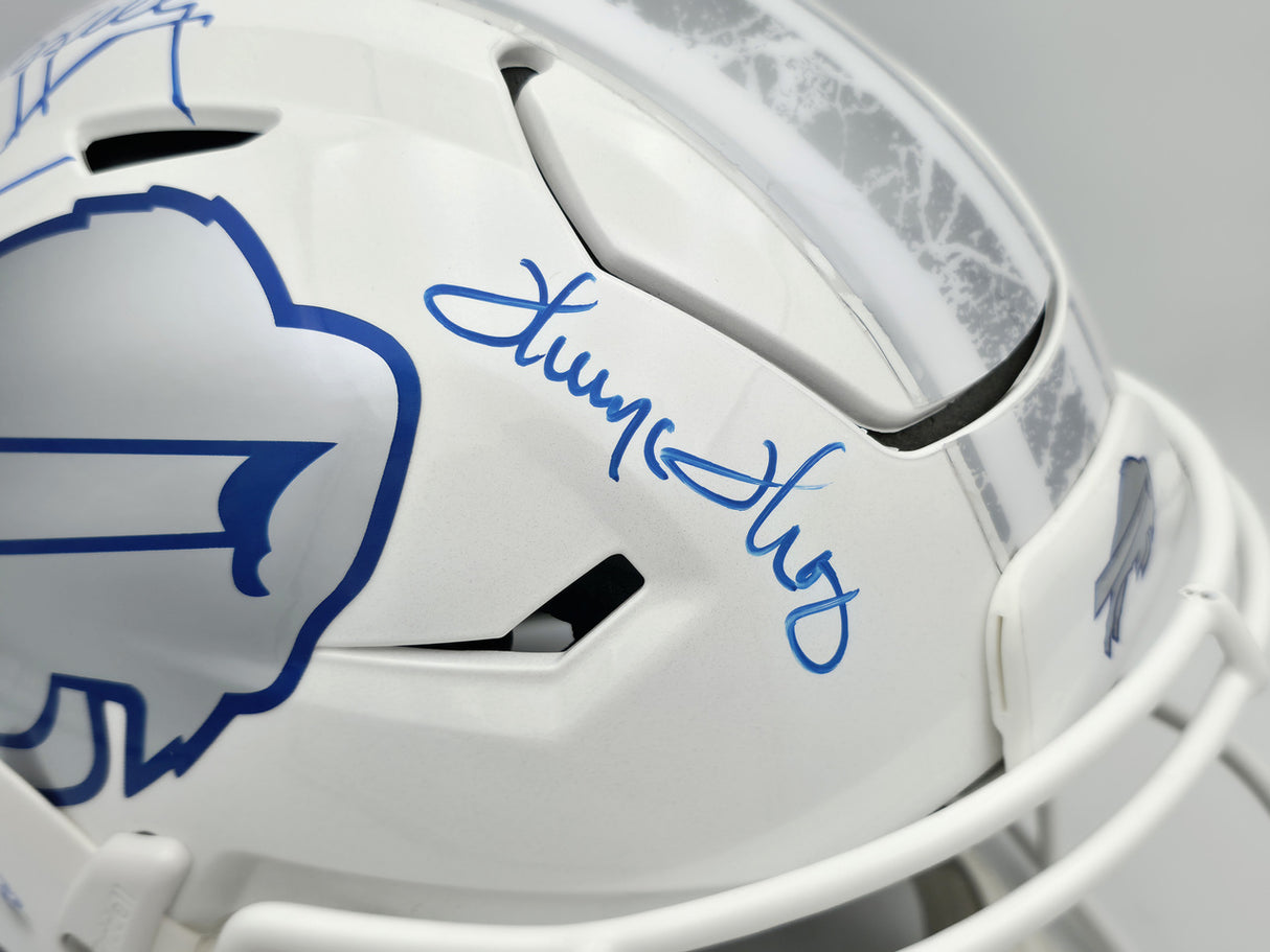 Jim Kelly, Thurman Thomas & Andre Reed Autographed Buffalo Bills Rivalries White Full Size Authentic Hyper Speed Flex Helmet Beckett BAS Witness Stock #256868