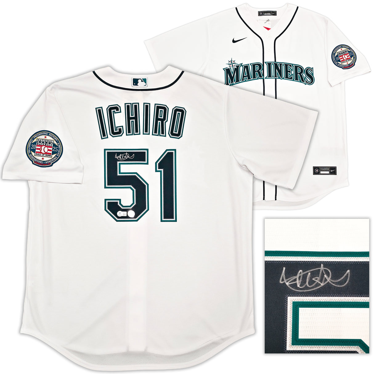 Seattle Mariners Ichiro Suzuki Autographed White Nike Hall of Fame Patch Jersey Size L IS Holo & Beckett BAS Witness Stock #256857