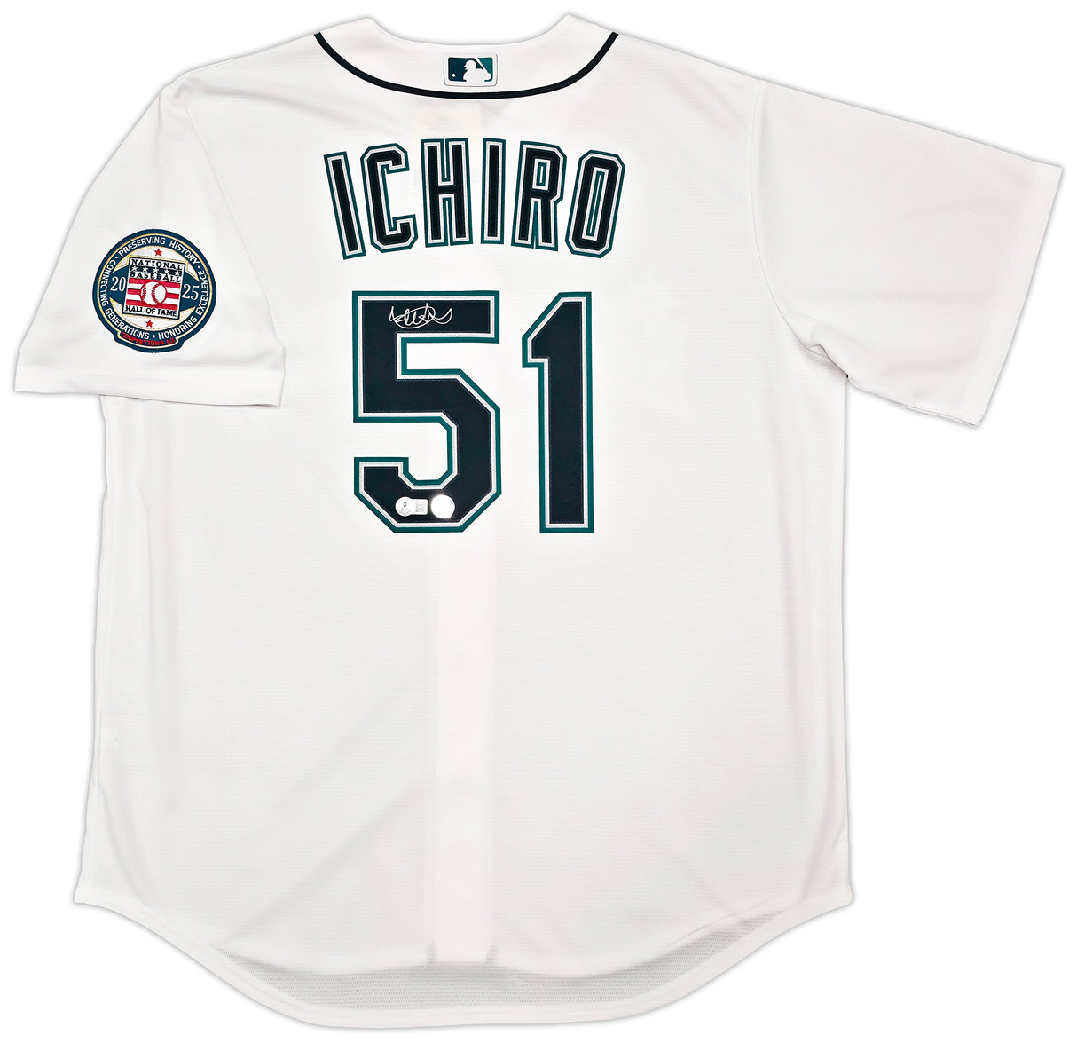 Seattle Mariners Ichiro Suzuki Autographed White Nike Hall of Fame Patch Jersey Size L IS Holo & Beckett BAS Witness Stock #256857