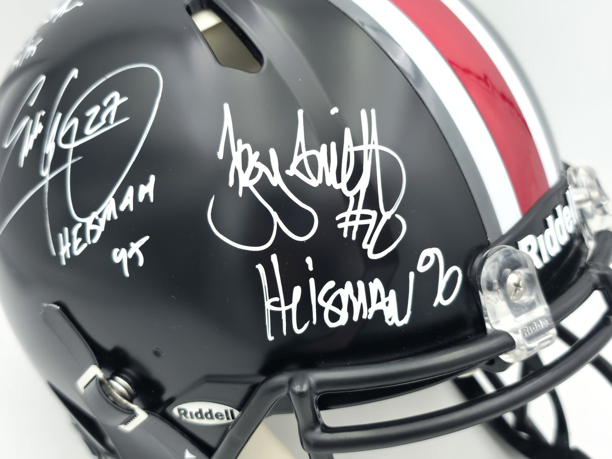 Archie Griffin, Eddie George & Troy Smith Autographed Ohio State Buckeyes 2015 Alternate Black Full Size Speed Authentic Helmet "Heisman" Beckett BAS Witness Stock #261829