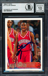 Allen Iverson Autographed 1996-97 Topps Rookie Card #171 Philadelphia 76ers Auto Grade Gem Mint 10 Beckett BAS Stock #261777