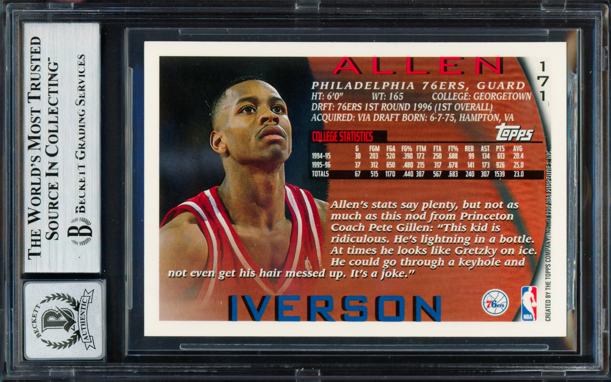 Allen Iverson Autographed 1996-97 Topps Rookie Card #171 Philadelphia 76ers Auto Grade Gem Mint 10 Beckett BAS Stock #261777