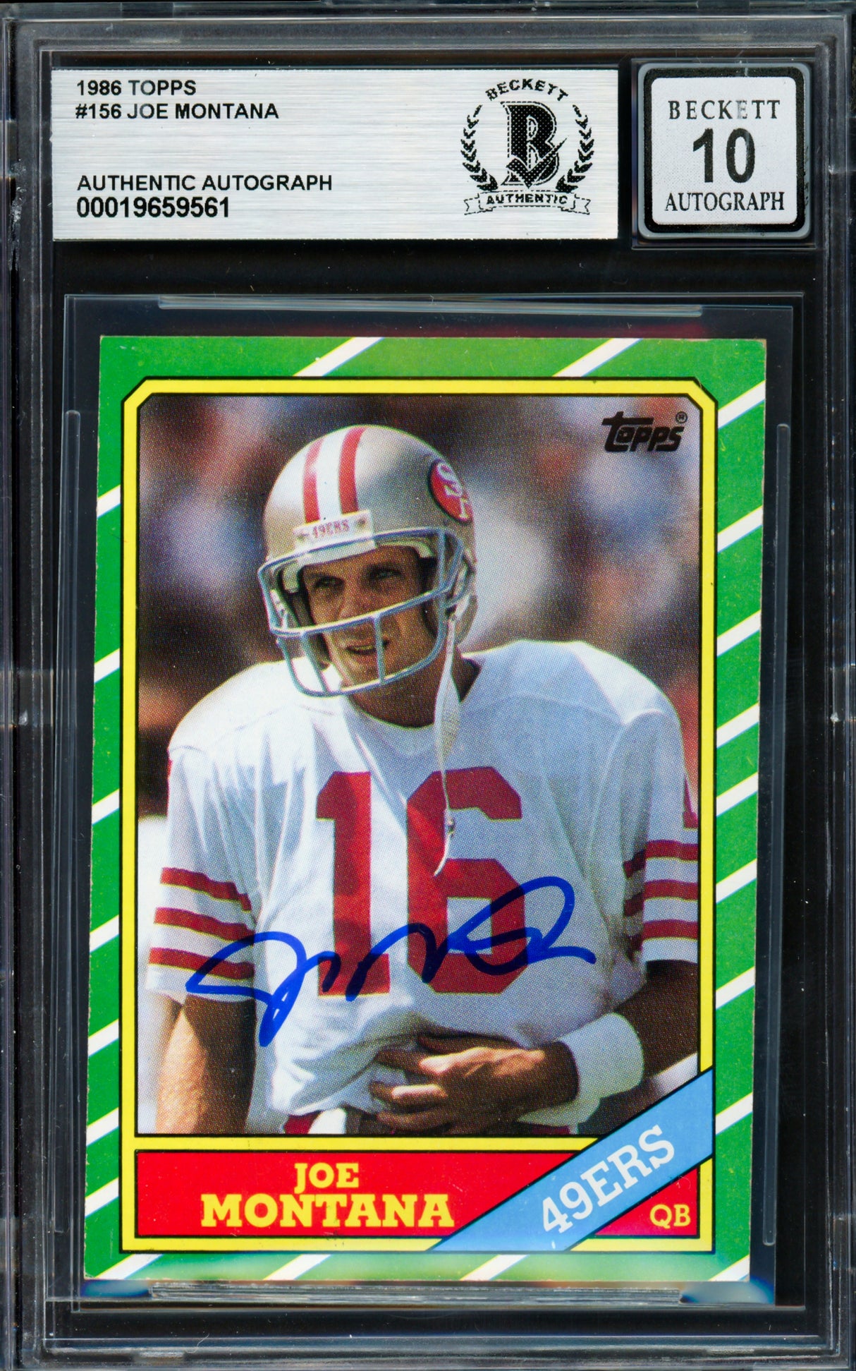 Joe Montana Autographed 1986 Topps Card #156 San Francisco 49ers Auto Grade Gem Mint 10 Beckett BAS Stock #261778