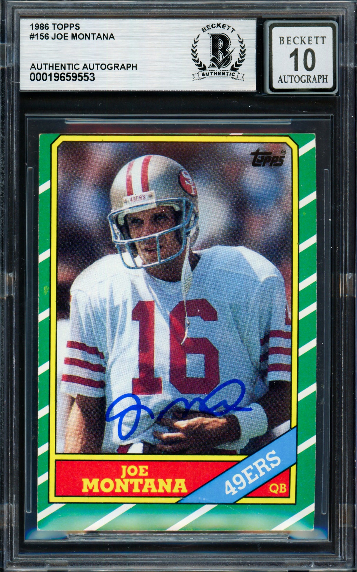 Joe Montana Autographed 1986 Topps Card #156 San Francisco 49ers Auto Grade Gem Mint 10 Beckett BAS Stock #261779