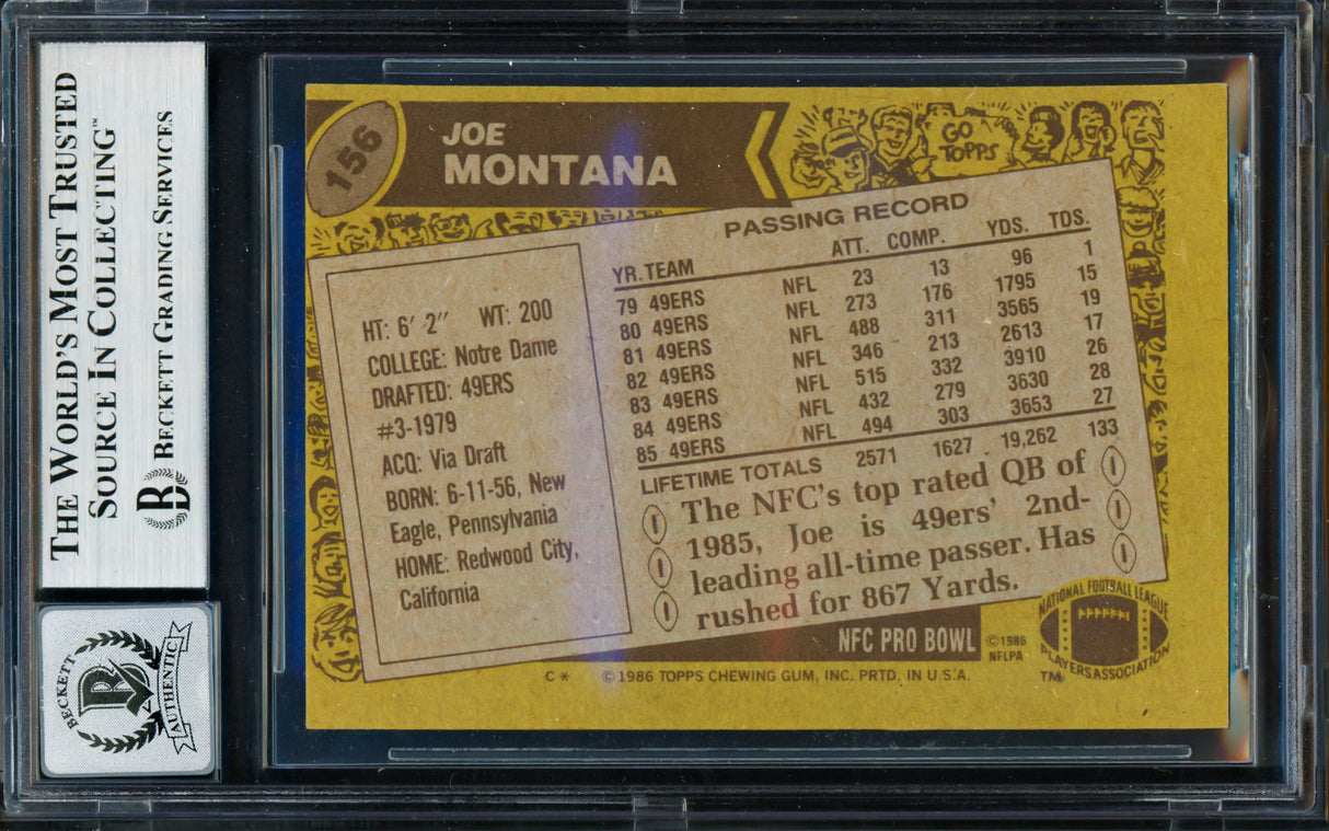 Joe Montana Autographed 1986 Topps Card #156 San Francisco 49ers Auto Grade Gem Mint 10 Beckett BAS Stock #261779