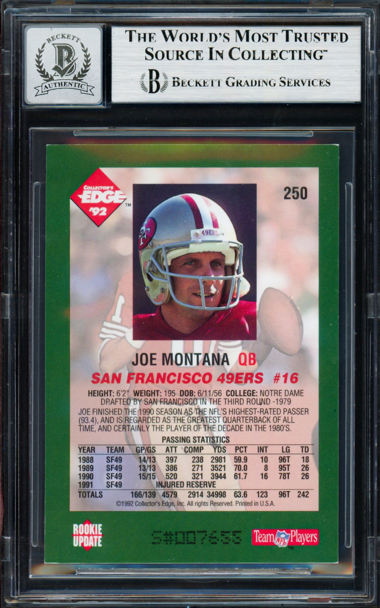 Joe Montana Autographed 1992 Collectors Edge Card #250 San Francisco 49ers Auto Grade Gem Mint 10 Beckett BAS Stock #261802
