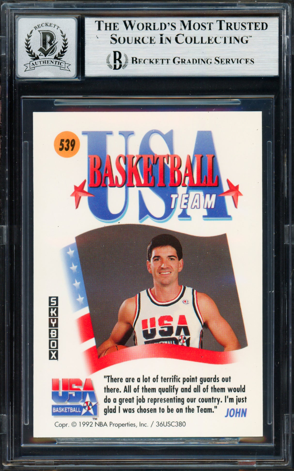 John Stockton Autographed 1991-92 Skybox Card #539 1992 USA Dream Team Auto Grade Gem Mint 10 Beckett BAS Stock #261808