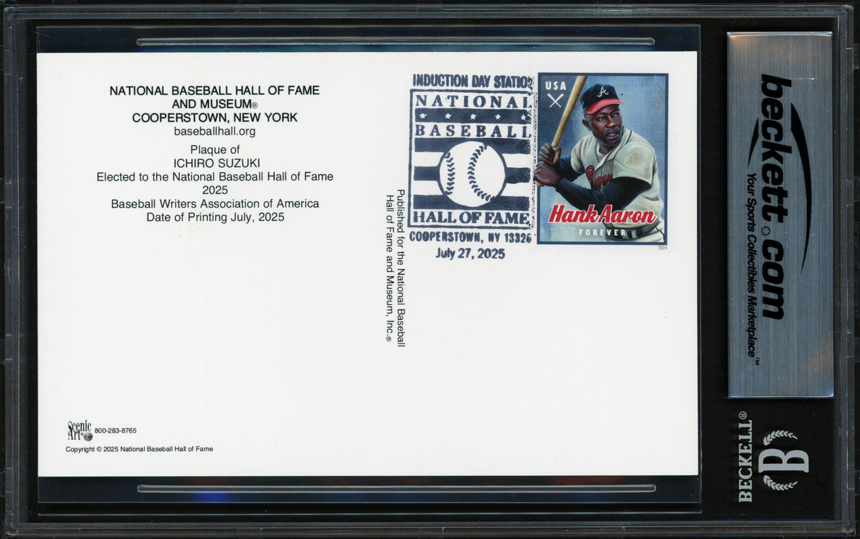 Ichiro Suzuki Autographed Hall of Fame Plaque Postcard (Postmarked 7/27/25) Seattle Mariners Auto Grade Gem Mint 10 Beckett BAS Stock #261812